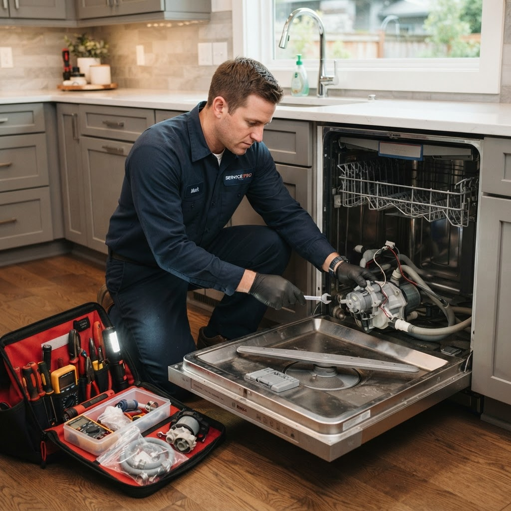 Technician repairing dishwasher pump and spray arms