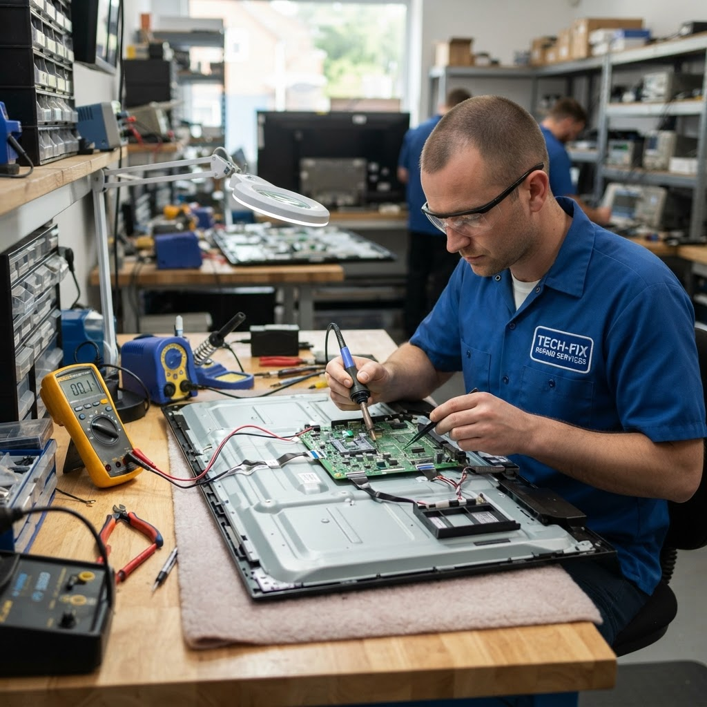 Technician repairing LED television panel and motherboard