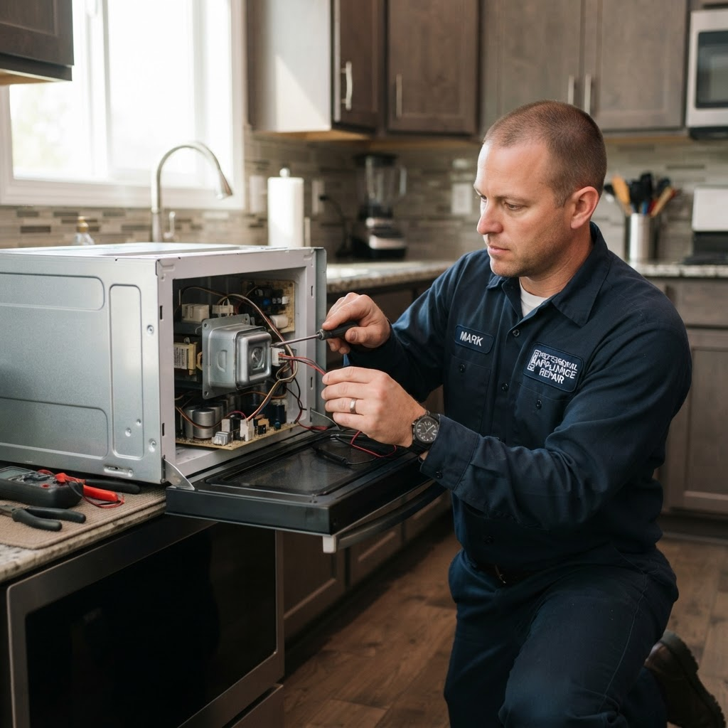 Technician repairing microwave oven magnetron and circuits