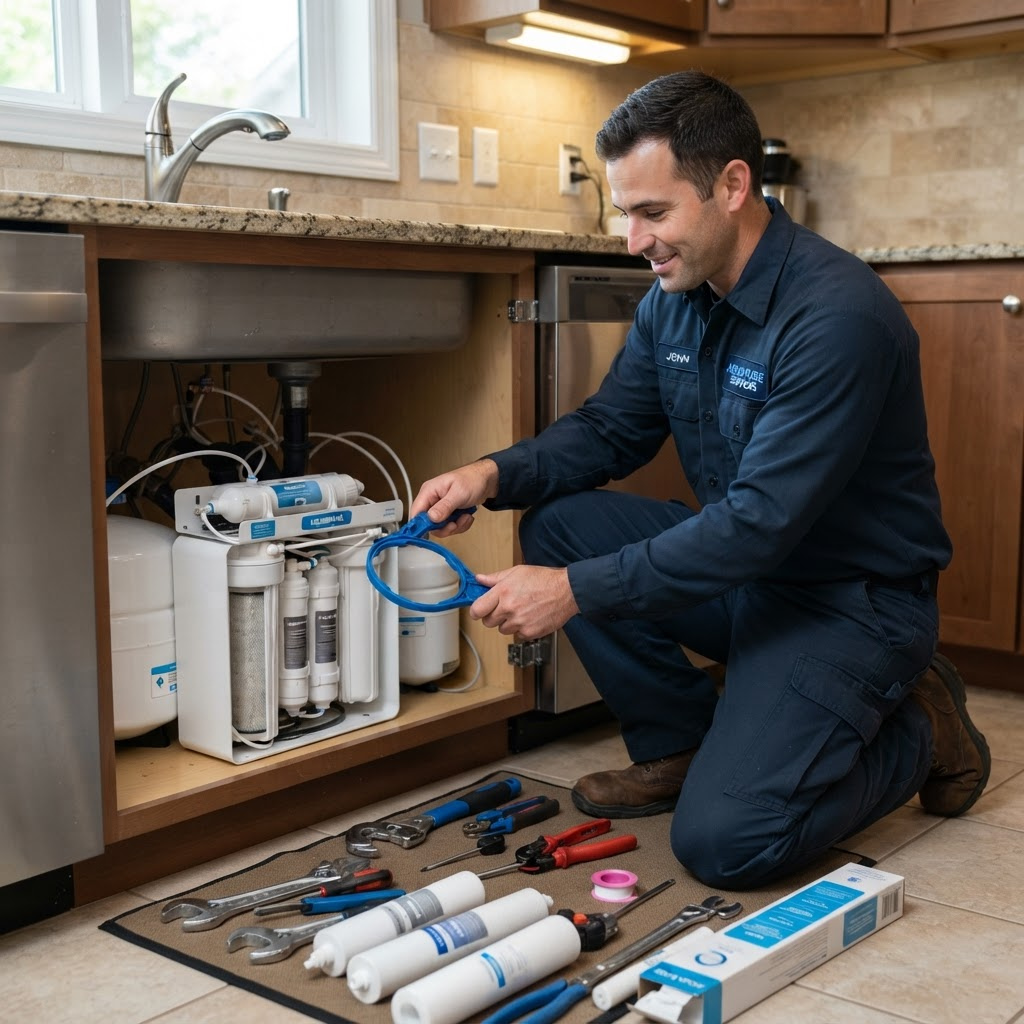 Technician servicing RO water purifier and replacing filters